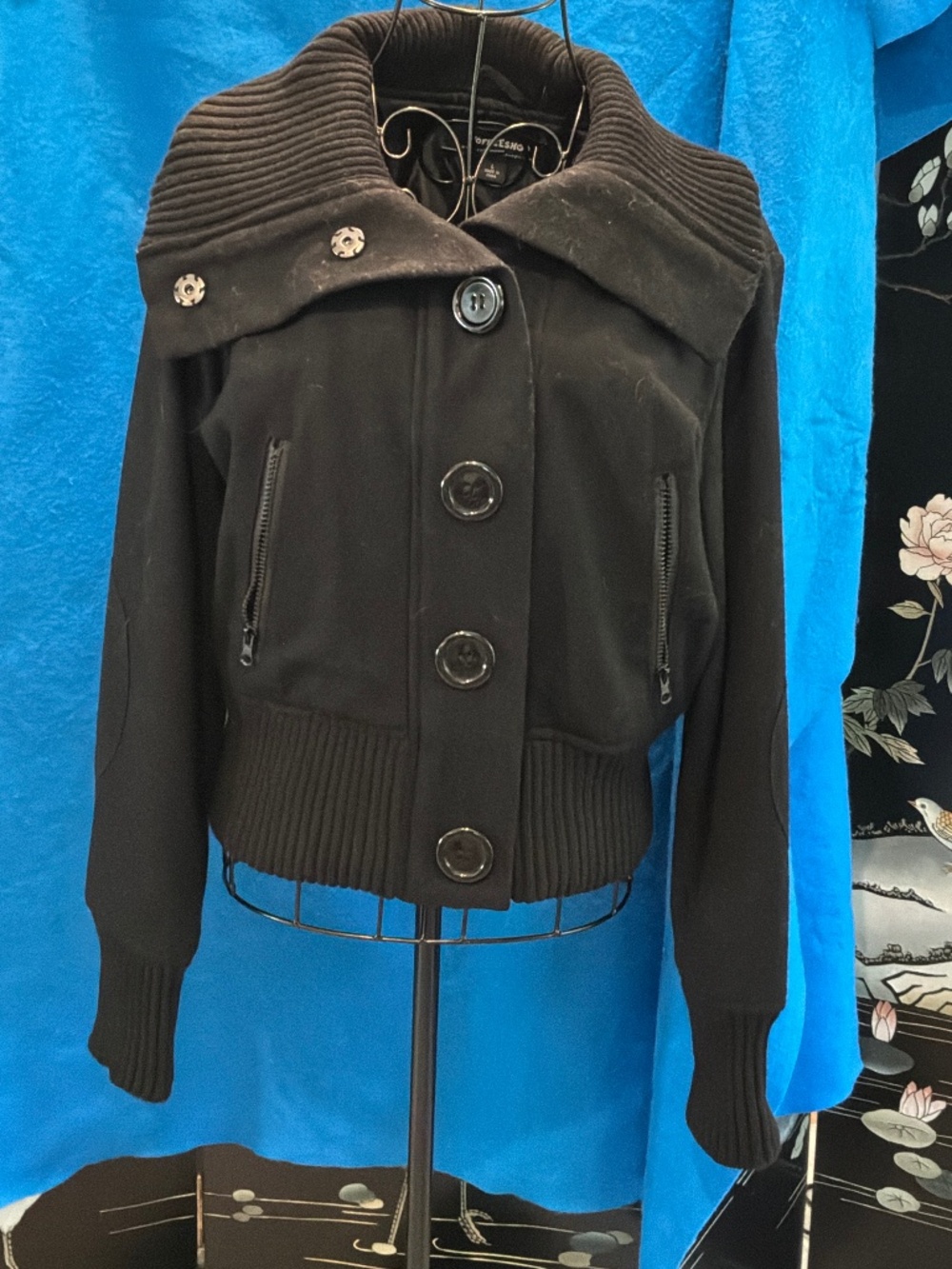COFFEESHOP NYC Black Wool Blend Cropped Bomber Jacket - Size L